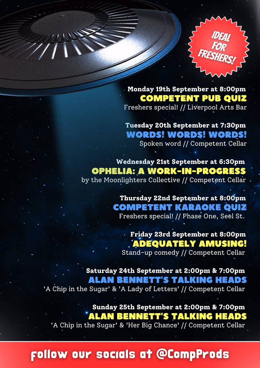 They said it couldn’t be done. They said “An evening of adequate entertainment EVERY night for a WEEK!? It’s insane, man - Insane!”

Presenting ‘A BEGINNERS GUIDE TO COMPETENT’ - 19th-25th September.