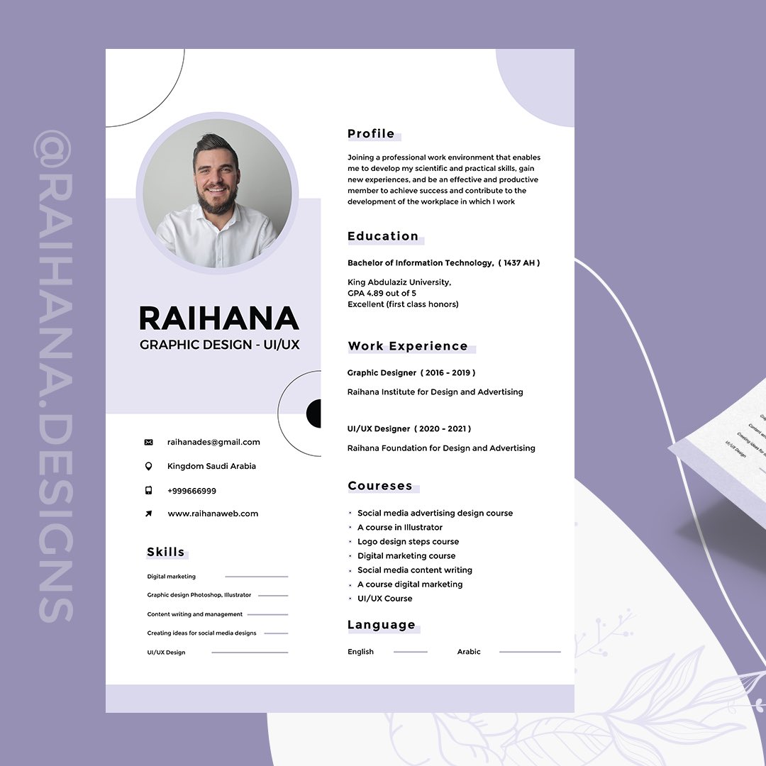 RaihanaDesigns's tweet image. تصميم سيرة #نسائي مُميز وفريد 🌺🤩
 إحصل على سيرتك الذاتية بطريقة إحترافية وأنيقة 💡📄 .

📎 باللغة العربية 
📎 باللغة الإنجليزية

للطلب دايركت 📩 .
WhatsApp 👇🏻✨ 
 wa.me/message/KIZRHD… 

#اليوم_الوطني_٩٢ #سيرة_ذاتية #وظائف #وفاه_هند_القحطاني #جدة_الأن