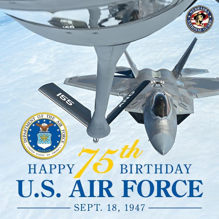 NENationalGuard's tweet photo. Happy 75th Birthday to the United States Air Force, and to Airmen past and present, including all our Airmen with the Nebraska Air National Guard!
#NEGuard #NEANG #AF75 #AirForceBirthday #AimHigh @usairforce @155thARW https://t.co/auUYka3Uzv