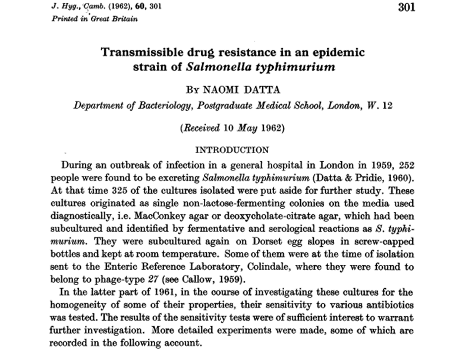 retep_yelir's tweet photo. Yesterday was the centenary of the birth of the bacteriologist Naomi Datta. In 1962 she observed  transmissible antibiotic resistance during an outbreak of Salmonella typhimurium at the Hammersmith Hospital. She later became a leading expert on the  "R factors" that cause this. https://t.co/x0Z1uAQlg8