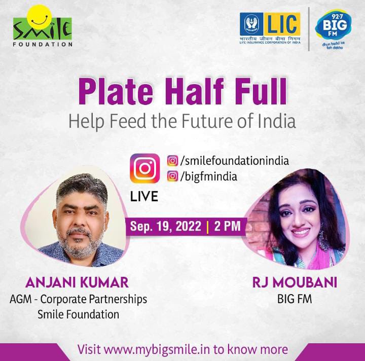 smilefoundation's tweet photo. Join hands with @smilefoundation & @bigfmindia to ensure that #PlateHalfFull campaign provides 2.7M nutritious meals to 10K+ less privileged children.
Join the discussion - Live on Insta Pages of BIG FM & Smile Foundation, Tomorrow at 2 PM.
https://t.co/lbd0OEJKCZ https://t.co/fnItQNgmdh