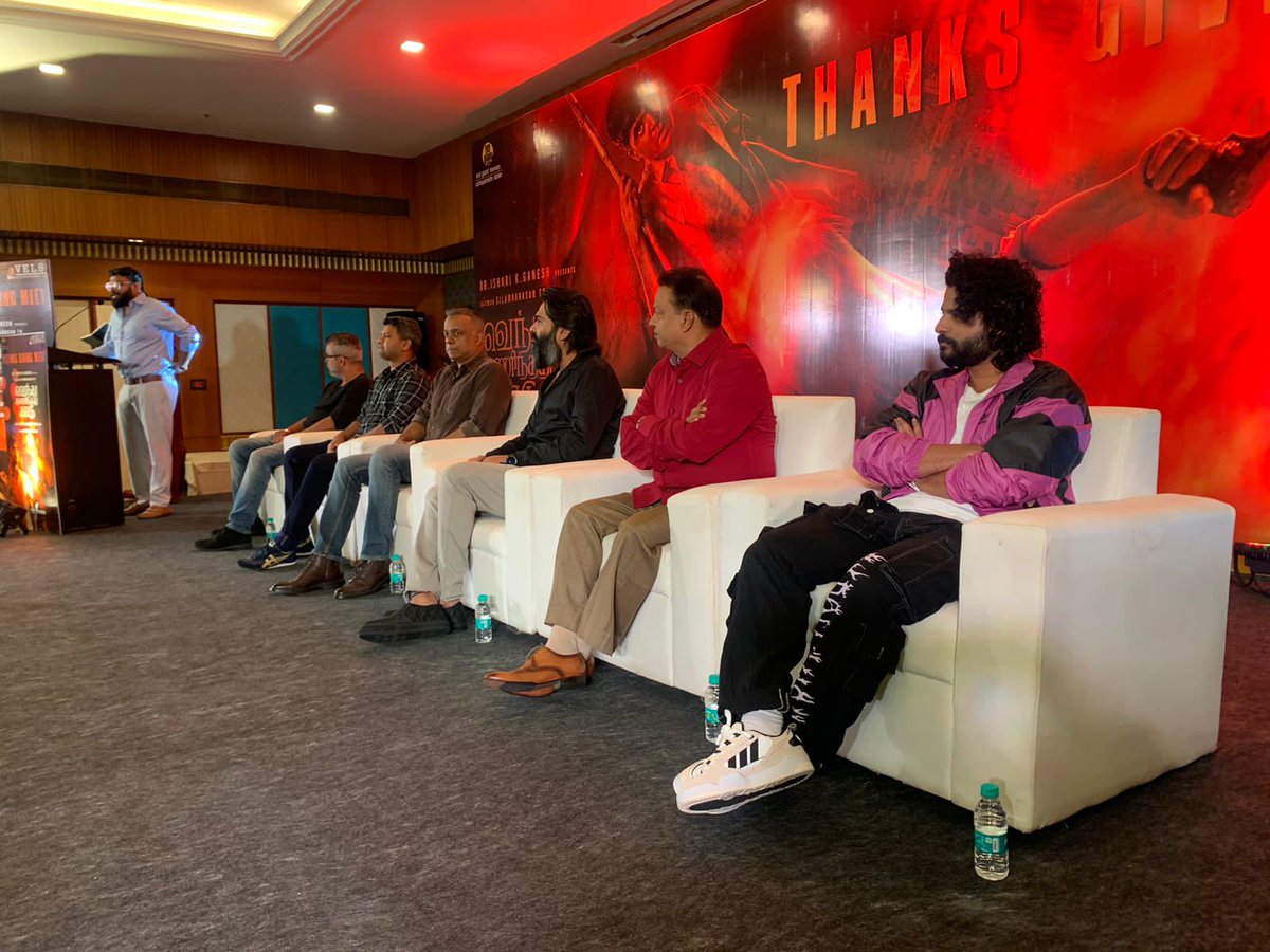 iamsathishsimbu's tweet photo. Our Muthu @SilambarasanTR_ Anna &amp; team #VendhuThanindhathuKaadu arrived at #VTKThanksGivingMeet 

#StunningHitVTK
@menongautham   @arrahman  #SilambarasanTR @VelsFilmIntl @IshariKGanesh @RedGiantMovies_ @Udhaystalin https://t.co/kJcMv0wJby