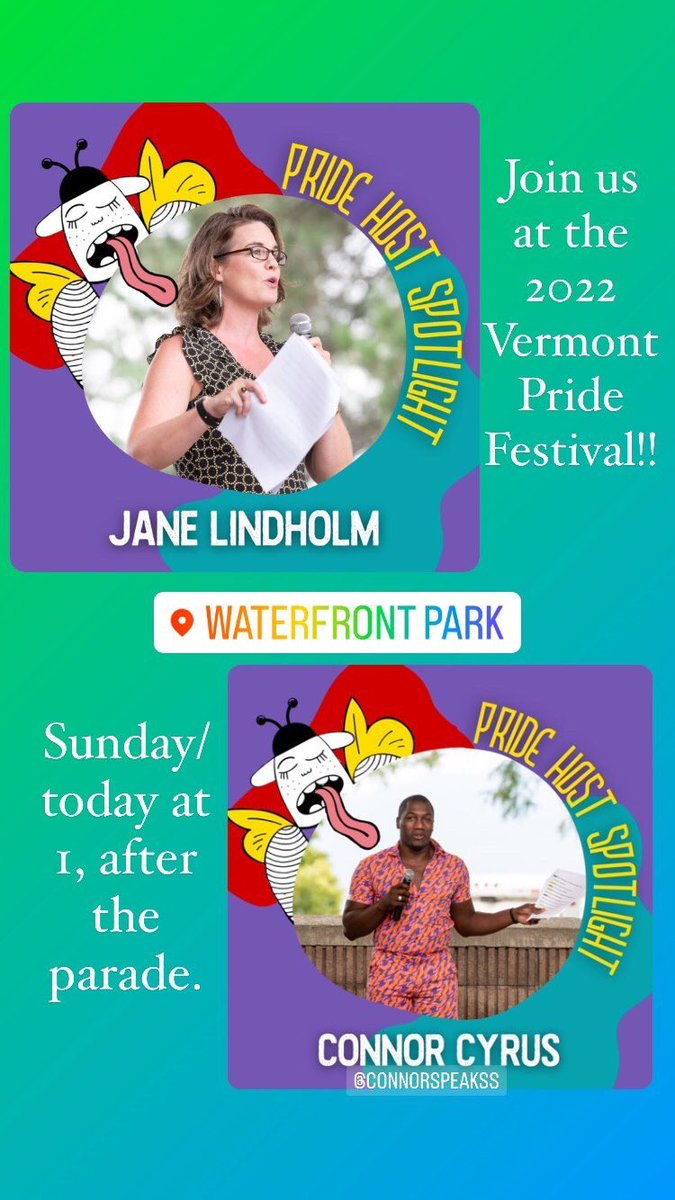 JaneLindholm's tweet photo. Come be part the finale of #pride week in VT today! @connorspeakss and I are emceeing the festival in Burlington’s Waterfront Park. Parade is at noon and the festival performances start at 1! https://t.co/vw2R4oCNtU
