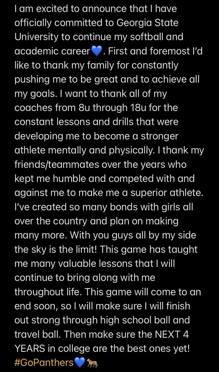 I am excited to announce that I have officially committed to Georgia State University! 💙 Thank you to <a href="/CoachANicholson/">Coach Nicholson</a>, <a href="/richardnich24/">Richard Nicholson</a>, &amp; <a href="/LaurenWhitten27/">Lauren Whitten</a> for an amazing weekend! #GoState 🐆💙 <a href="/GSU_Softball/">GSU Softball</a> <a href="/bomberspremier/">Bombers Premier Stephens-Rogers</a> <a href="/KMHSfastpitch/">KMHS fastpitch</a> <a href="/KMHSathletics/">Kennesaw Mtn.</a> <a href="/slapperdad/">Richard K. Johnson</a> <a href="/_Coach_Daz/">Dana Stephens</a>