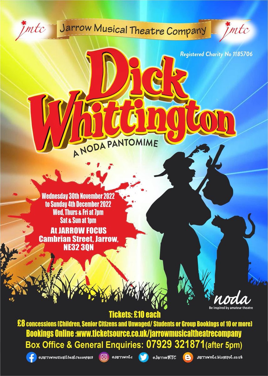 JarrowMTC's tweet photo. Book your tickets now to see the award winning 🏆 JMTC in panto this festive season.

🎭 Dick Whittington
📆 30th November-4th December 2022
🗺 Jarrow Focus, Cambrian Street, Jarrow, NE32 3QN
🎟 07929321871 (after 5pm)
🎟 https://t.co/X1dTA0uODa
🌐https://t.co/qKDgMiCYc4 https://t.co/AoDAZXgKtE