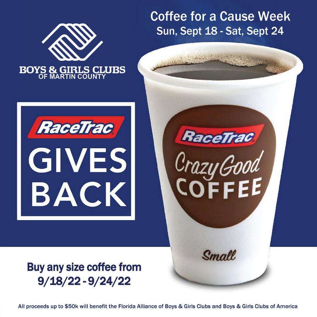 bgcmartincounty's tweet photo. Starting today through 9/24 all proceeds, up to $50,000, from any sized coffee purchased at a @RaceTrac store will be donated to Florida Boys & Girls Club organizations. Make sure you stop by RaceTrac and support Boys & Girls Clubs of #MartinCounty! #BGCMC #PalmCity #StuartFL https://t.co/GUzE8TJiV2