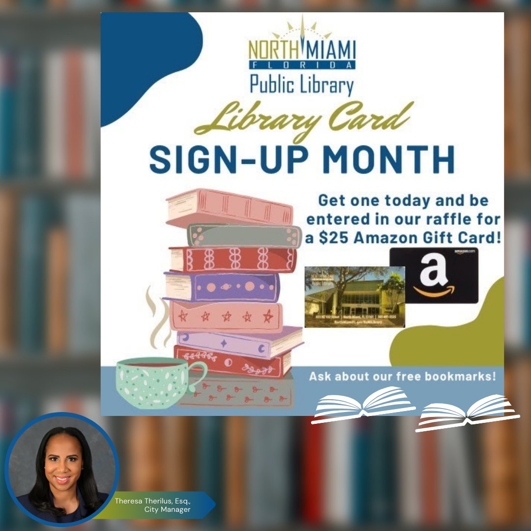 WIN AN #AMAZONGIFTCARD! 
Stop by the library anytime this month to get a library card and be entered into the raffle, courtesy of the “Friends of the #NorthMiami #PublicLibrary”.
.
.
.
#cityofnorthmiami #citymanager #cmtherilus #nomilibrary #giftcard #amazon #librarycardsignup