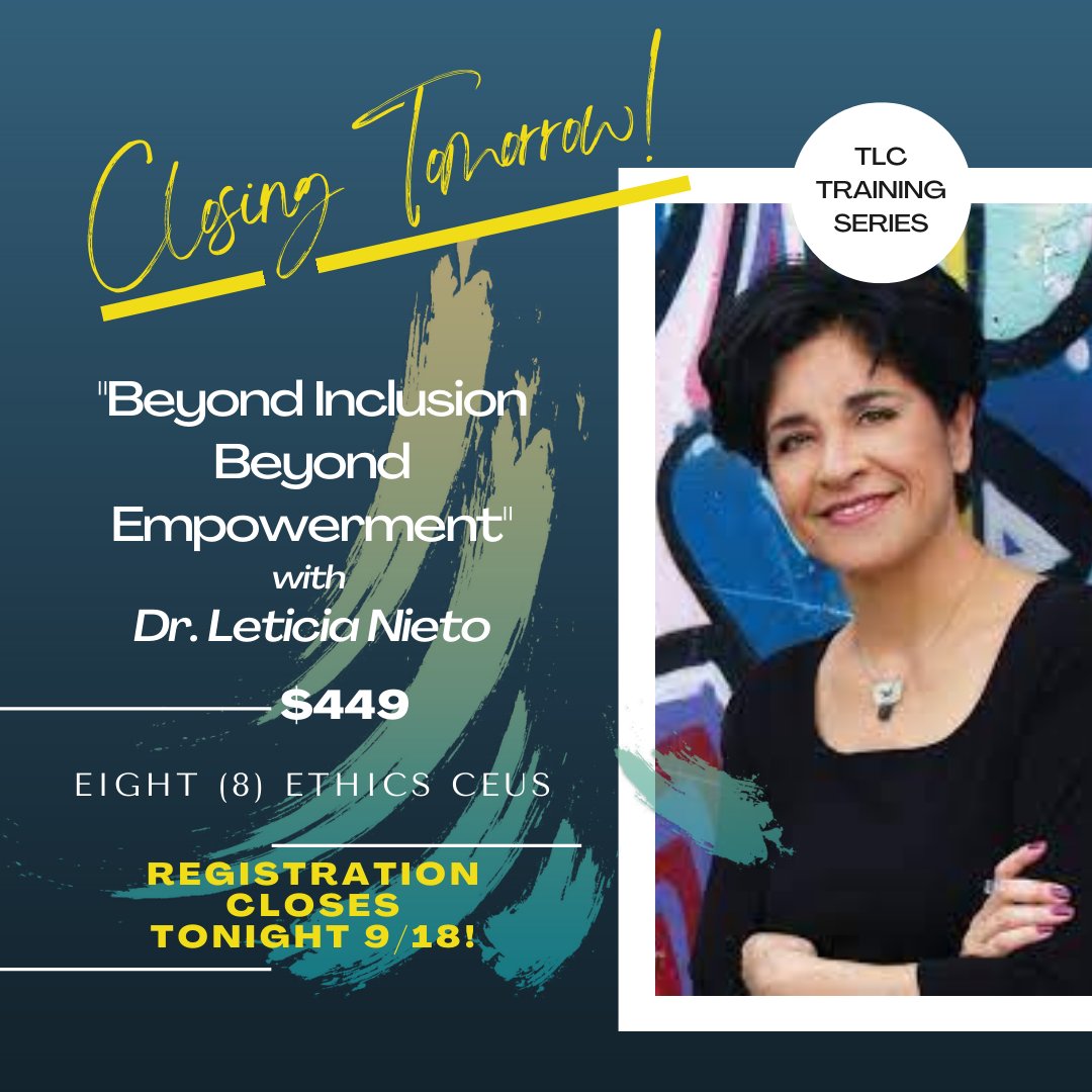 tlcpllc's tweet photo. Attn: CLOSING TONIGHT! (9/18)
⁠
Register now in order to secure your eight (8) Ethics CEUs for $449.
⁠⁠
Register at https://t.co/qx5u4p2J2b

#inclusion #professionaldevelopment #socialjustice⁠ #therapist #counseling #psychotherapy #therapy #training⁠ https://t.co/Dsk8oAixg6