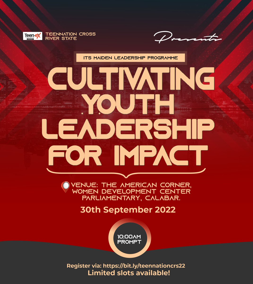 Teennation_crs's tweet photo. Hello there!

Are you a young person, passionate about creating impact?

Join Teennation Cross River, in our maiden edition leadership program. As we bring to you, impact makers across, Leadership, Education, innovation, and social change.

To register
https://t.co/jSHyf36Kdj https://t.co/mbEQ59zBTn