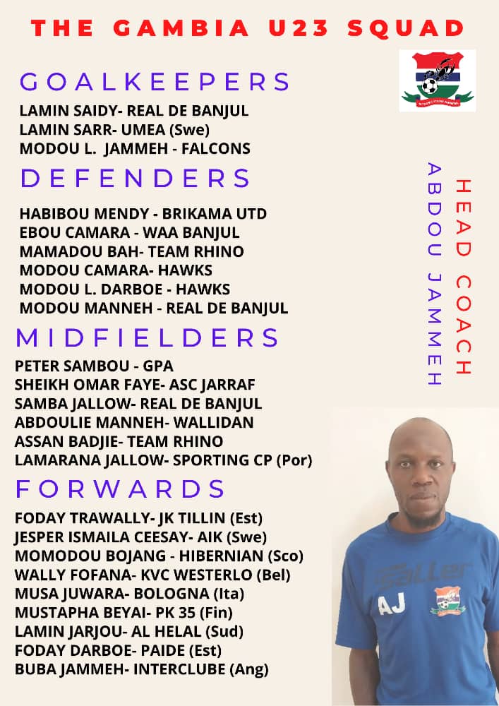 teamkaba2022Gff's tweet photo. Abdou Jammeh has today released a final 24-man Gambia U-23 squad for the African Cup of Nations qualifiers against Burkina Faso on September 21 and 27 in Benin and in Morocco respectively. The list include 12 foreign-based players. https://t.co/VmMTTWYwIj