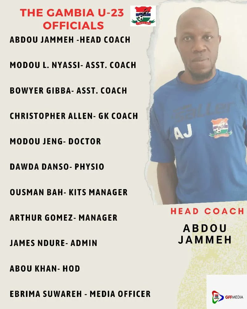 teamkaba2022Gff's tweet photo. Abdou Jammeh has today released a final 24-man Gambia U-23 squad for the African Cup of Nations qualifiers against Burkina Faso on September 21 and 27 in Benin and in Morocco respectively. The list include 12 foreign-based players. https://t.co/VmMTTWYwIj
