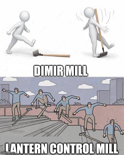 Two turns after losing my lantern I get fatesealed by jtm. He leaves the card on top.
if I don't find an ensaring bridge this turn I'm going to die.
Thinking he would never leave it on top I mill myself to get a chance at one.
It was my ensnaring bridge. 
I draw a land.