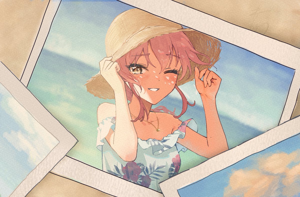 jougasaki mika 1girl one eye closed hat pink hair solo photo (object) smile  illustration images