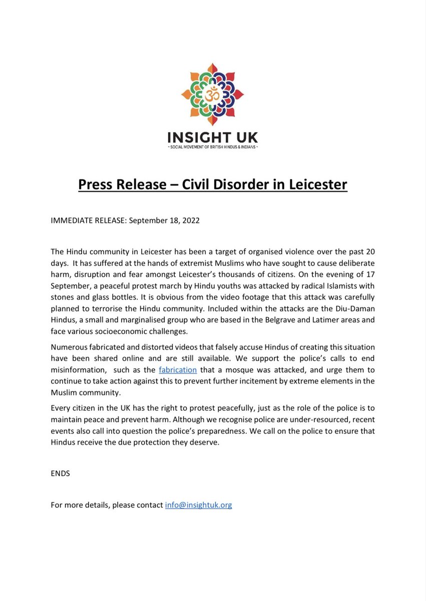 INSIGHTUK2's tweet photo. #pressrelease about Civil Disorder in #Leicester @BBCNews @guardiannews @Independent @metpoliceuk @LPEastLeics @leicspolice @ukhomeoffice @INSIGHTUK2 @WorldHinduNews @SkyNews @republic @ndtv @ZeeNews @AJEnglish @SudarshanNewsTV @OpIndia_com @SwarajyaMag @timesofindia https://t.co/uCn5K4MVPc