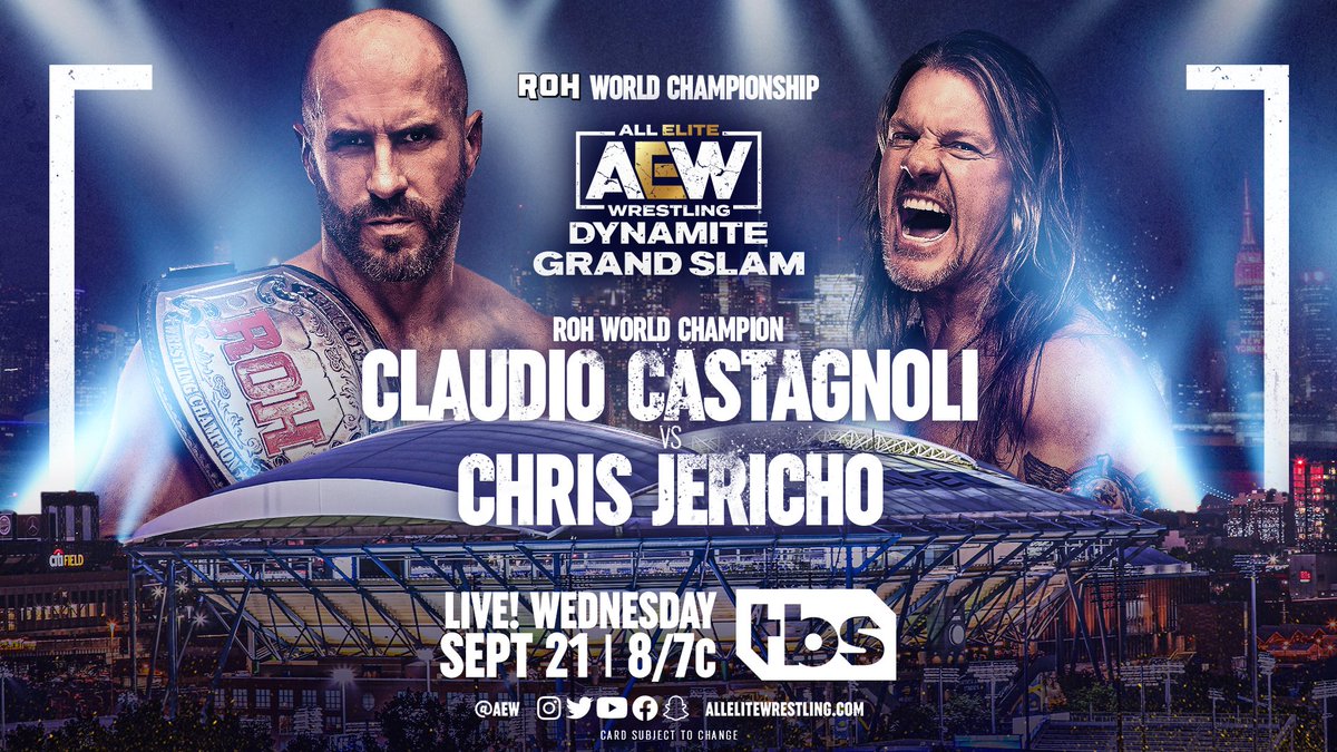 AEW's tweet photo. After 7x World Champion @IAmJericho declared that he wanted to chase an eighth title, the challenge was made to @ringofhonor World Champ @ClaudioCSRO, and it’s now official: Claudio vs. Jericho for the #ROH World Title at #AEWDynamite #GrandSlam Wednesday 8pm ET/7pm CT on TBS! https://t.co/iLyF9UeX6Y