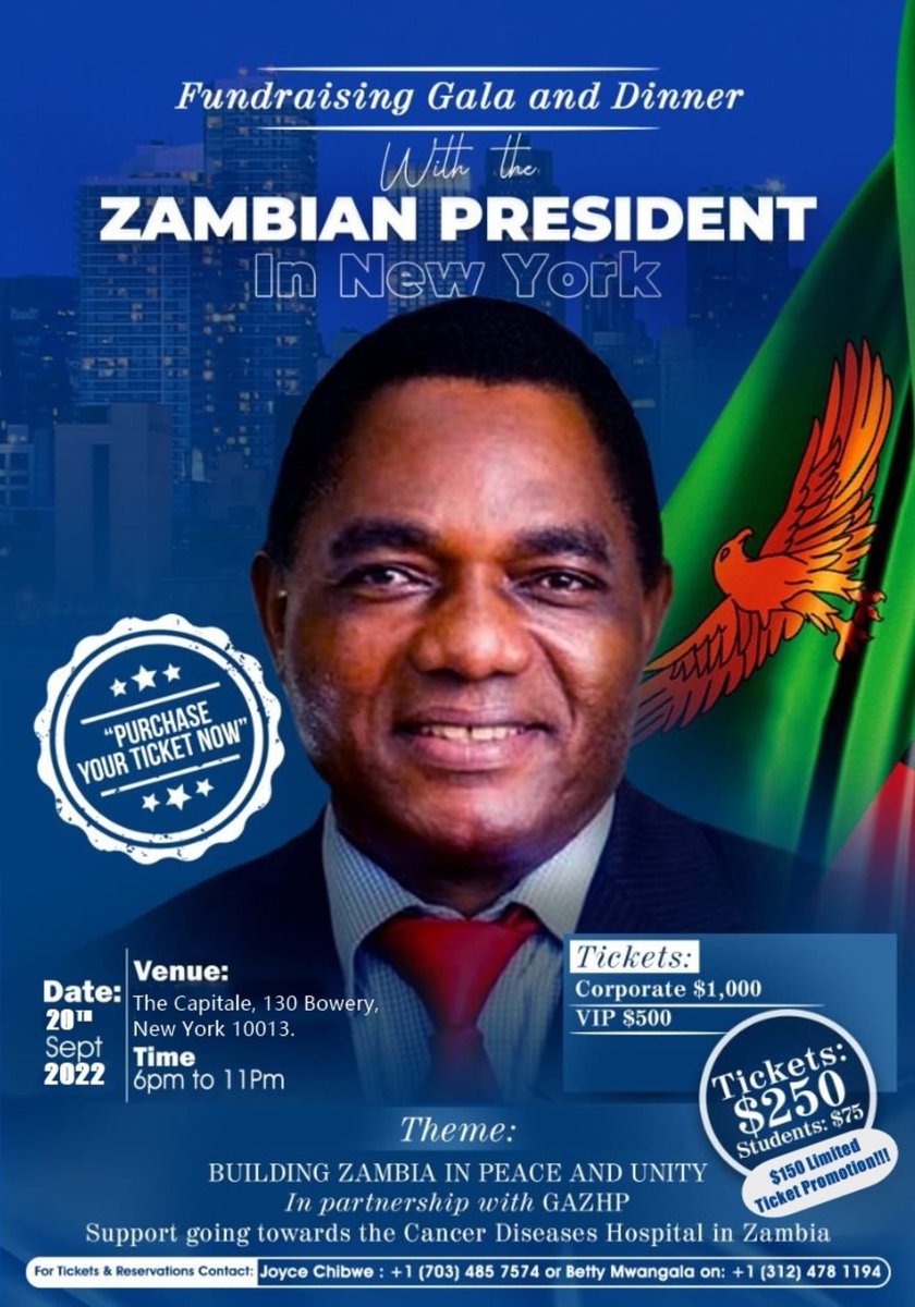HHichilema's tweet image. We look forward to joining #Zambians &amp;amp; other well wishers at this important fundraising event in New York to support #Lusaka's Cancer Diseases Hospital &amp;amp; a future Cancer Hospital on the #Copperbelt. Grateful to Zambians in diaspora for the initiative. Join us on Tues 20th Sept.