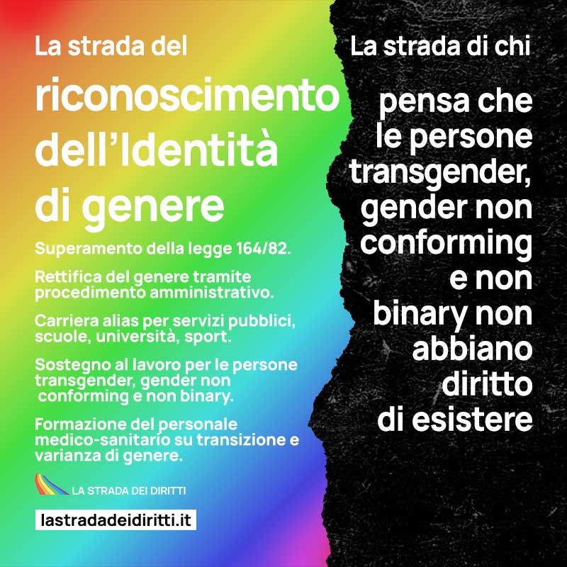 Oggi parliamo di #identitàdigenere
Cara politica, prendi #lastradadeidiritti
Leggi le rivendicazioni delle associazioni LGBTQIA+ e le proposte dei partiti su
lastradadeidiritti.it
#ElezioniPolitiche2022
#lastradadeidiritti