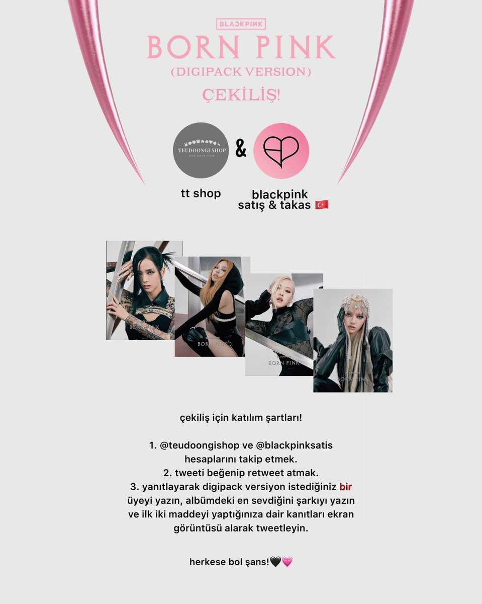 blackpink born pink (digipack ver.) çekiliş!💗

blinks, sevgili <a href="/teudoongishop/">• REST • tt shop</a> ile sizler için güzel bir çekilişle karşınızdayız.💓

çekiliş detayları aşağıda bulunuyor.🫶

herkese iyi şanslar!🖤

🗓️ çekiliş bitiş &amp; açıklanma tarihi 02/10/2022