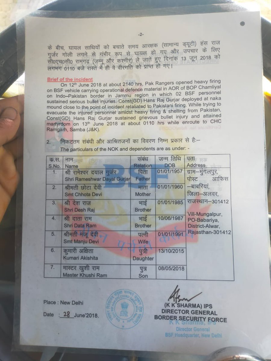 SandeepChaprana's tweet photo. BSF Jawan Hansraj Gurjar 62 BN sacrificed his life for nation.. His family isn’t getting pension since March 2022. 2 small kids, old age parents and wife is helpless !Will politicians offer him their salary?@AmitShah @BSF_India @bsf_jammu @BSF_Kashmir @Ravindra_Fouji  @PMOIndia https://t.co/5qj7w6Ouoi
