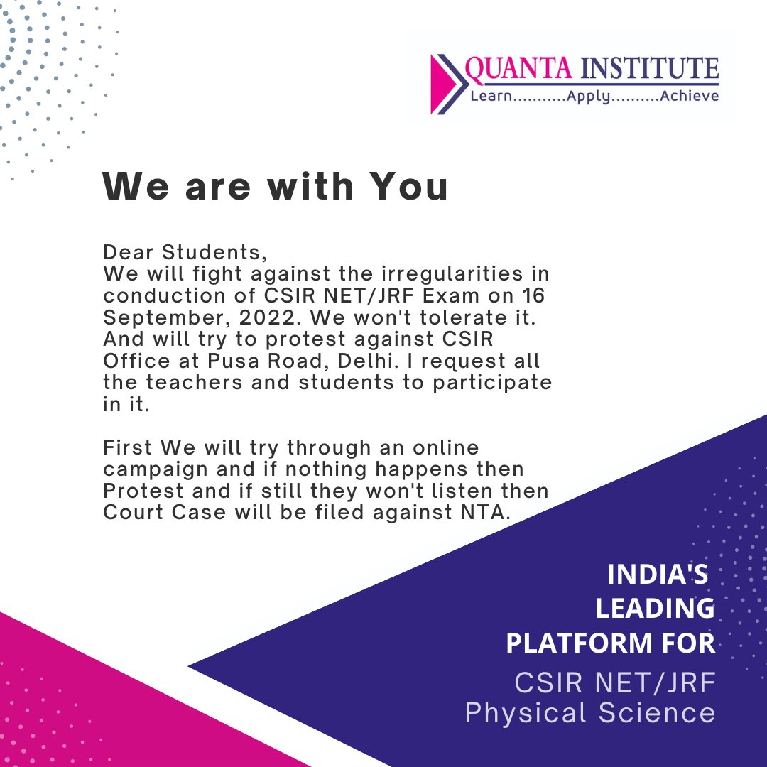 QuantaInstitute's tweet photo. @CSIR_IND @HRDG_CSIR @DrJitendraSingh @GVRayasam @PMOIndia @DG_NTA 
NTA you don't have a proper system, you just want to earn money as much as you can. You have spoilt the reputed CSIR NET exam by the irregularities in conduction and there are a lot of news of paper leak too. 1/2 https://t.co/J4EOT4OGrK