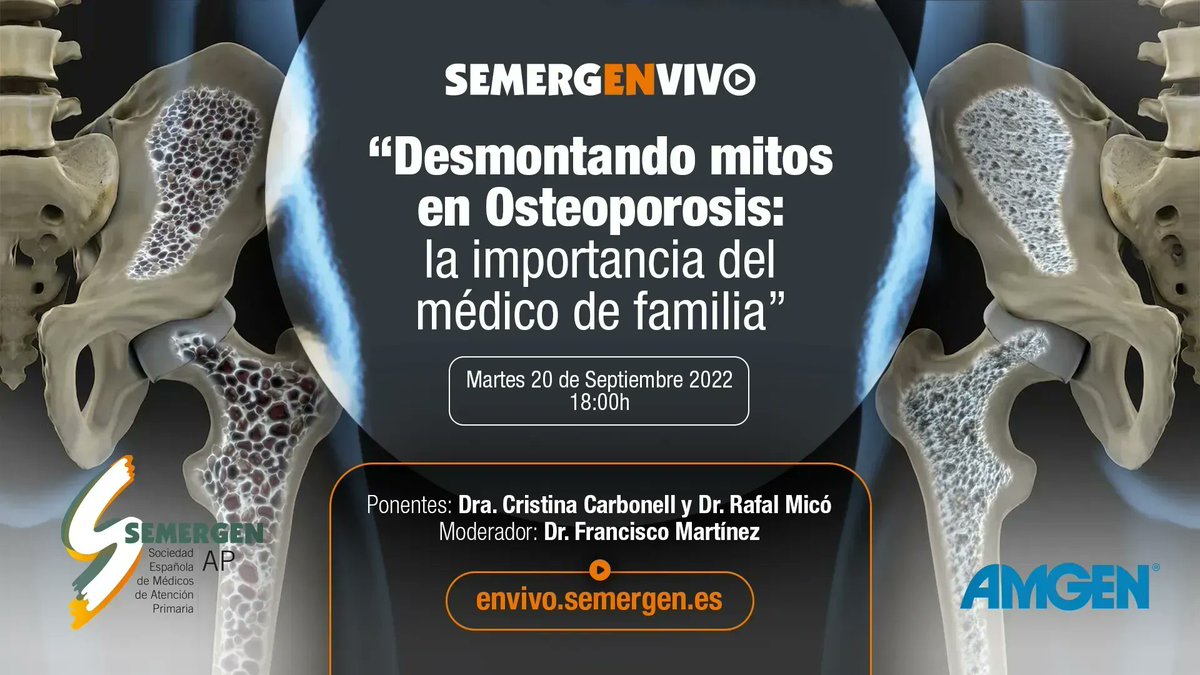 🔜 20 SEPT.. a las 18:00 desde envivo.semergen.es 📌 Desmontando mitos en Osteoporosis: La importancia del médico de familia. Con @cristicarbo y @rafamanuEl68 . Modera: @Paco_martinezg