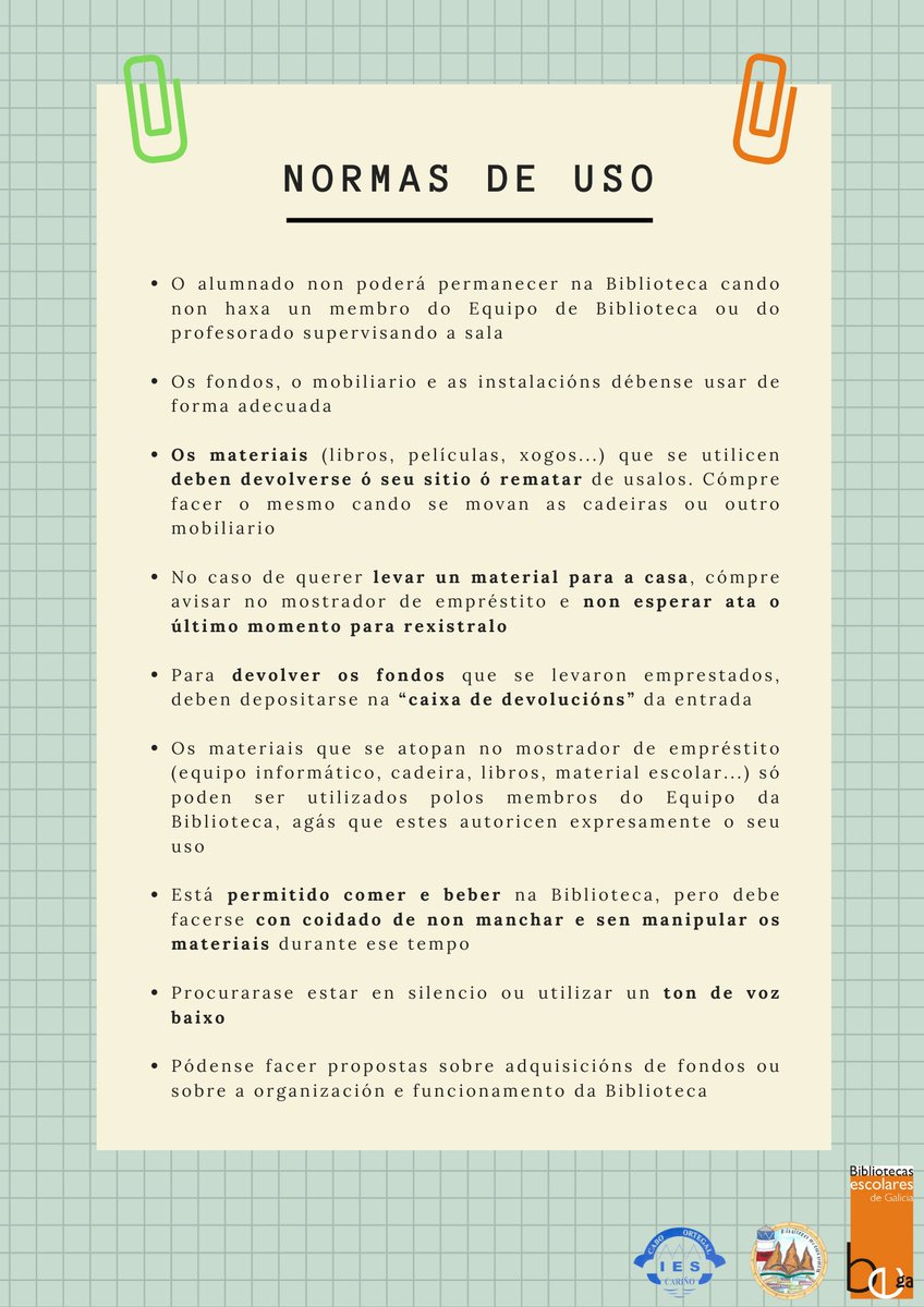 ortegalendo's tweet photo. Normas de uso da Biblioteca para o curso 2022-2023 

#bescolaresgal #voltaaocole https://t.co/NMrPTU0qM9