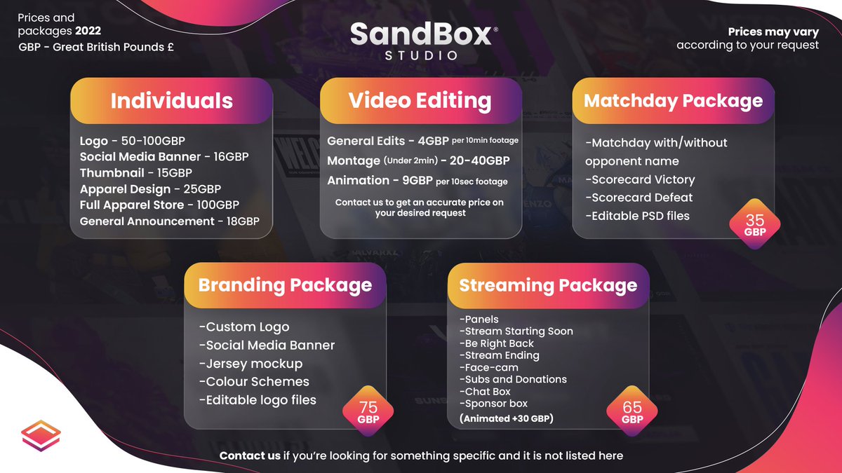 Presenting our September Commission prices! 👀

Looking to commission us? ⤵️
📩Leave us a DM or join our official Discord!
🗣️Discord.gg/SandboxStudio
🔗SandboxStudio.org