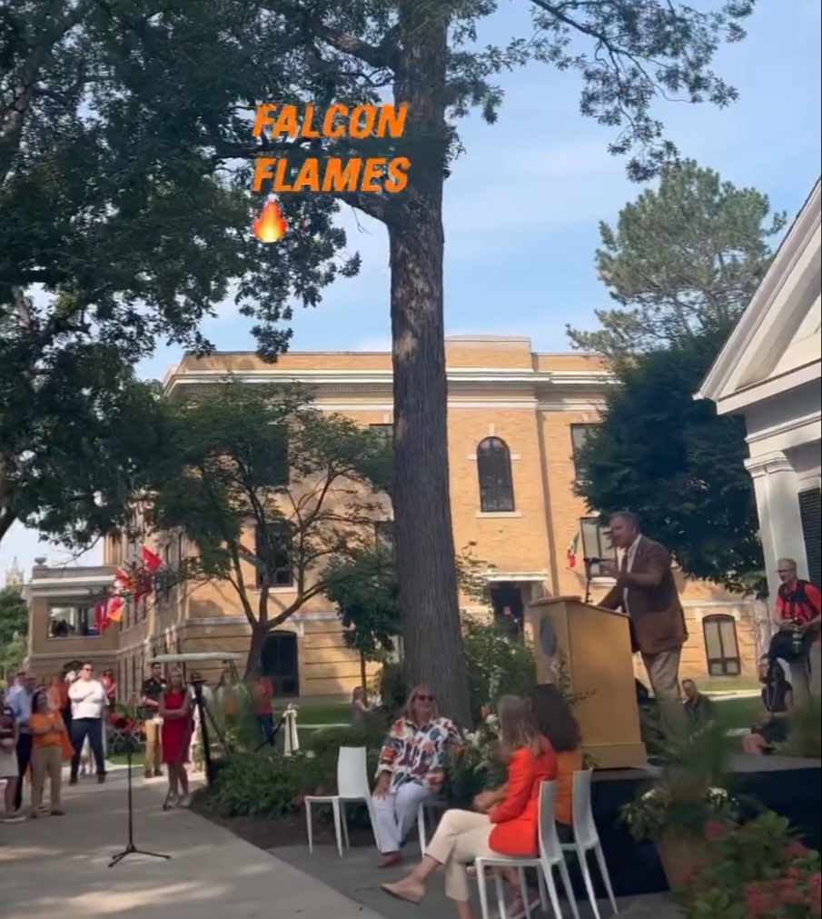 BGSU_Sociology's tweet photo. Hundreds of Falcon Flames renewed their vows yesterday! @Brownsl_BGSU spoke on behalf of our @NCFMRBGSU and donations benefited the center. President Rogers renewed the vows and our grad students represented the table. https://t.co/8bB91f1pSf
