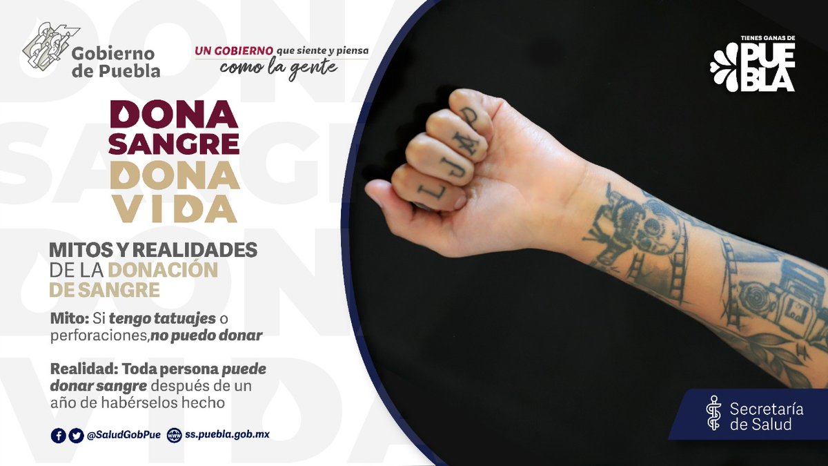 SaludGobPue's tweet photo. ¿#SabíasQue a partir del año de haberte tatuado o perforado, puedes donar sangre? Además, para garantizar que ésta sea segura, se hacen estudios, a fin de detectar alguna restricción que pudiera tener a raíz del tatuaje o la perforación. https://t.co/PFc6TB2pF6