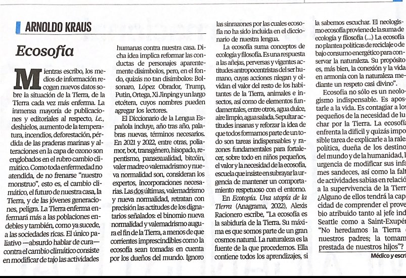 paredesXtian's tweet photo. 
‘Ecosofía, no solo es un neologismo indispensable. Es apostarle a la vida.’ Arnoldo Kraus en @El_Universal_Mx #sustainability #ecosofia https://t.co/ReJfB10Etn