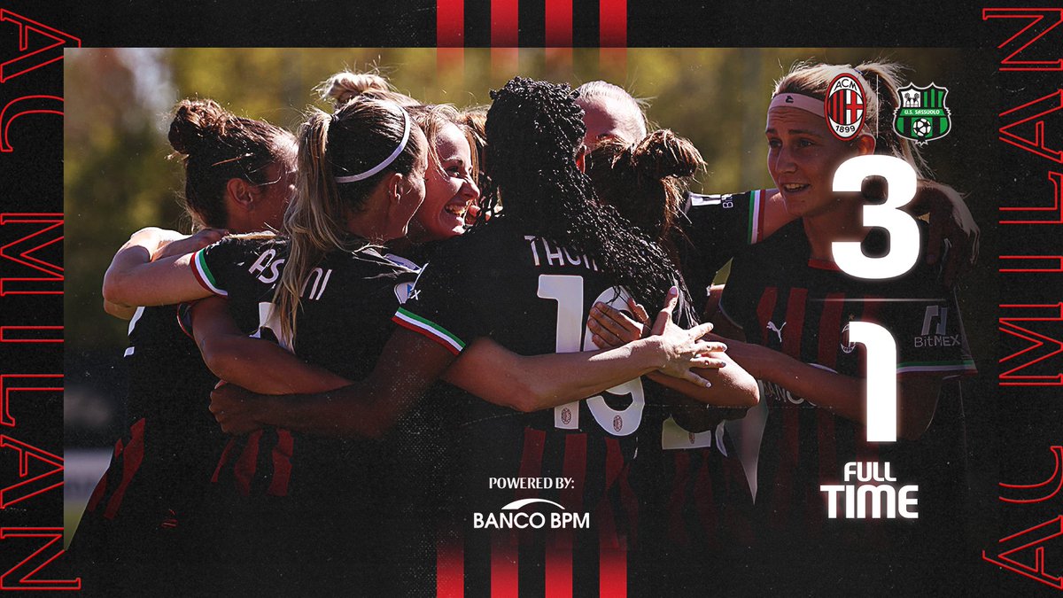 acmilan's tweet photo. ⏱️ 90'+3
🔚 È FINITA
✅ #MilanSassuolo 3-1
Prima, fondamentale, vittoria per le rossonere ✌️
⚽⚽⚽ Vigilucci, Grimshaw, Mesjasz
#FollowTheRossonere #SempreMilan
#SerieAFemminile https://t.co/1rlTbsmHNd
