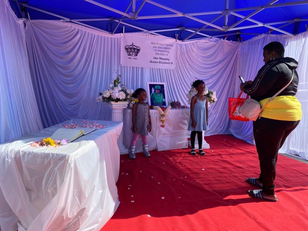 TamilGuardian's tweet photo. In South London, the Tamil Community Centre organised a tribute to the British monarch with a public tributes book, where members of the public could express their condolences. https://t.co/r1ZVZncQhG