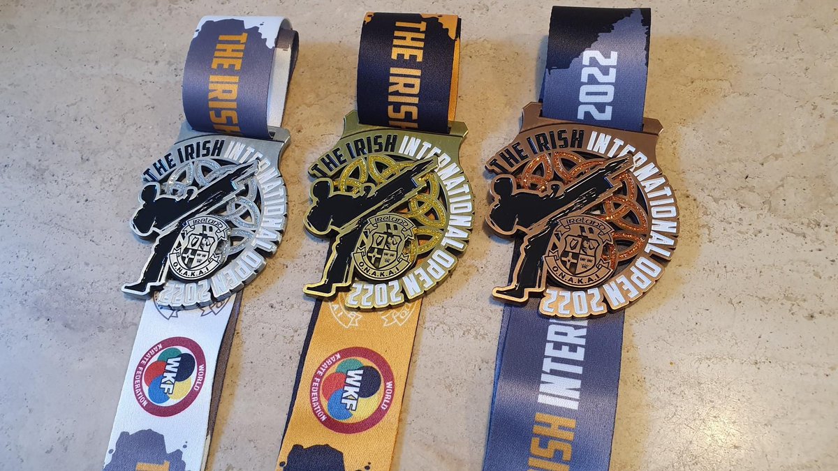 onakai_karate's tweet photo. Check out the medals for the upcoming Irish International Open. With less than 3 weeks to go, the entry has closed with over 800 entries.  We have almost 600 competitors, nearly half international athletes. This will be the biggest #karate event Ireland has ever seen. #wkf https://t.co/eNVO6qSnZV