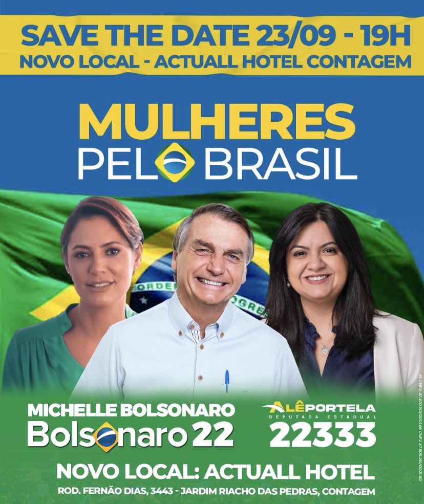 *ATENÇÃO! NOVO LOCAL DO EVENTO! Actuall Hotel Contagem - Rodovia Fernão Dias 3443, Jardim Riacho das Pedras, Contagem!*🇧🇷

No próximo dia 23 o Presidente Jair Bolsonaro e da Primeira-dama Michelle Bolsonaro estarão no evento "Mulheres Pelo Brasil"!