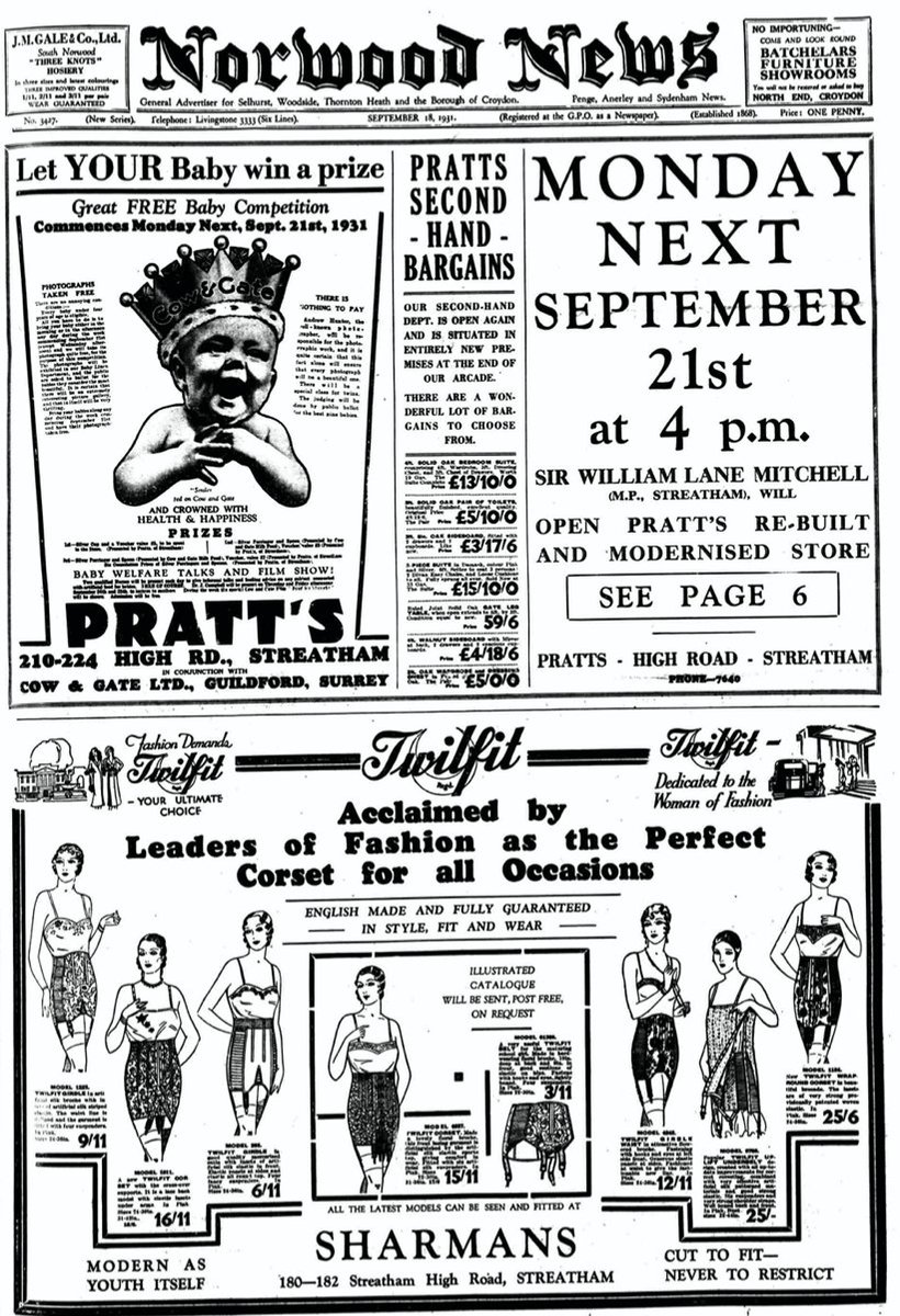 SocStreatham's tweet photo. Norwood News #OTD 18 September 1931. Two of Streatham's Department stores, Pratts and Sharmans #StreathamHistory #Streatham #Furzedown #Pratts https://t.co/0n8QmN66Dr