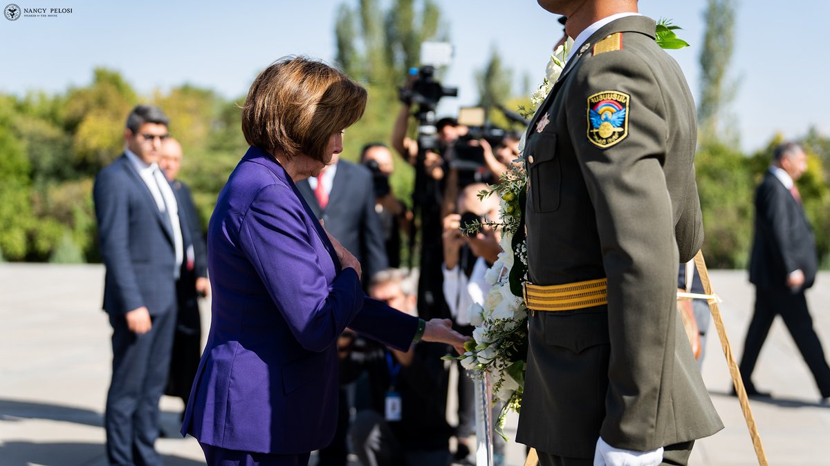 SpeakerPelosi's tweet photo. Today, our delegation was deeply honored to join @AlenSimonyan to lay a wreath at Tsitsernakaberd Armenian Genocide Memorial and pray for the 1.5 million Armenian men, women, and children murdered in the genocide. https://t.co/LlSVcS9faf