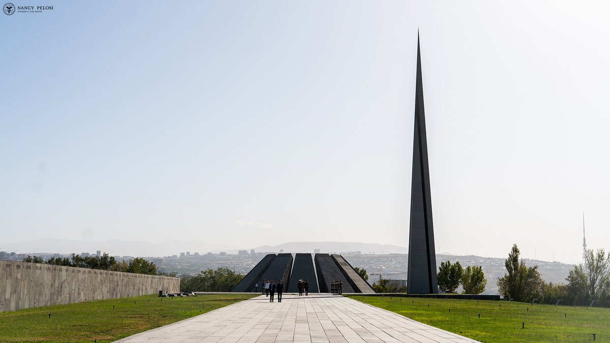 SpeakerPelosi's tweet photo. Today, our delegation was deeply honored to join @AlenSimonyan to lay a wreath at Tsitsernakaberd Armenian Genocide Memorial and pray for the 1.5 million Armenian men, women, and children murdered in the genocide. https://t.co/LlSVcS9faf