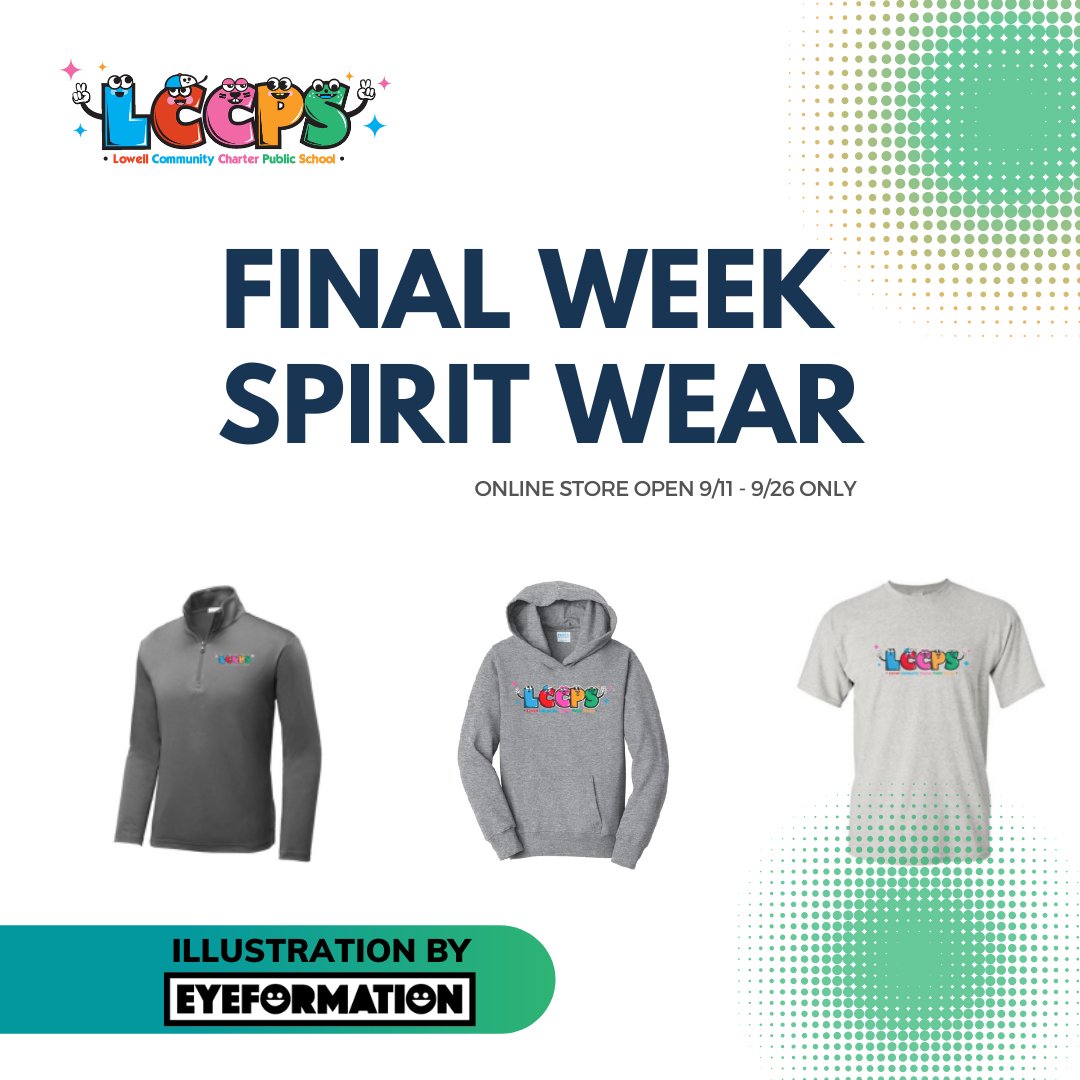 lowellcomchrtr's tweet photo. New LCCPS spirit wear featuring an illustration by @Eye4mation is available until 9/26!

Order yours here:  

https://t.co/lHo1O5VEPD https://t.co/WVATIgJwTB
