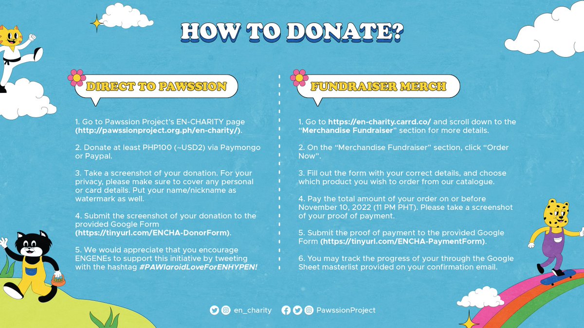 ENHYPEN UPDATES x PAWSSION PROJECT 🐾

We are proud to present #PAWlaroidLoveForENHYPEN in collaboration with Pawssion Project, to celebrate ENHYPEN's group formation and debut anniversary. See poster for details. ☀️

Donate: pawssionproject.org.ph/en-charity/
Merch: en-charity.carrd.co/#merch