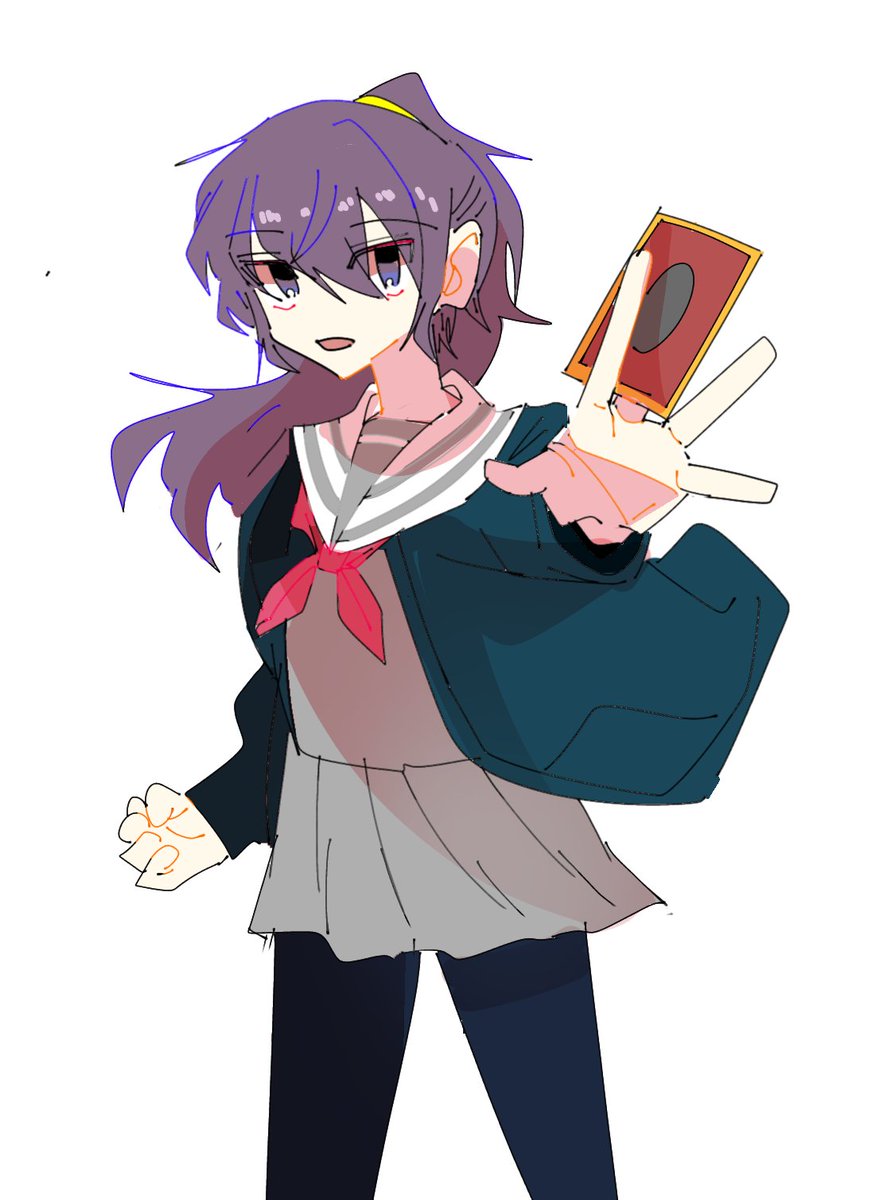 1girl solo purple hair school uniform card holding skirt  illustration images