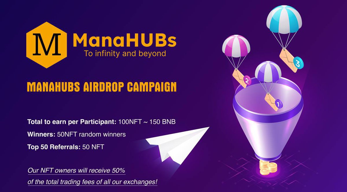 🚀 Airdrop: ManaHubs
💰 Value: 50 NFT
👥 Referral: 50 NFT
📅 End Date: 19th October, 2022
🏦 Distribution Date: 30th December, 2022

Talk with the Telegram Bot
t.me/ManahubsAirdro…

#Airdrop #Airdrop #Crypto #Giveaway