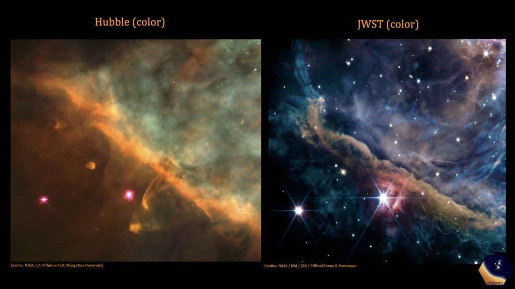 オリオン星雲：JWST vs Hubble 比較。