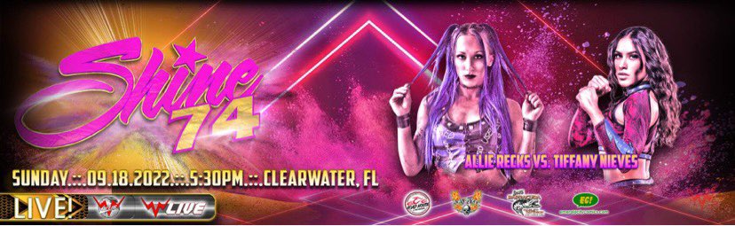 TODAYY!! #SHINE74 

<a href="/AllieRecks/">Megan Orlando/Allie Recks</a>  vs @tiffanynieves_ 

Doors Open – 4:30 PM EDT
Bell Time – 5:30 PM EDT

VIP: $20*
GA: $15*
Kids 9-16 GA: $10 with a paid adult*

Tickets available at RoadHouseNation.com 

iPPV available at WWNLive.com 

#WomensWrestling #WWN