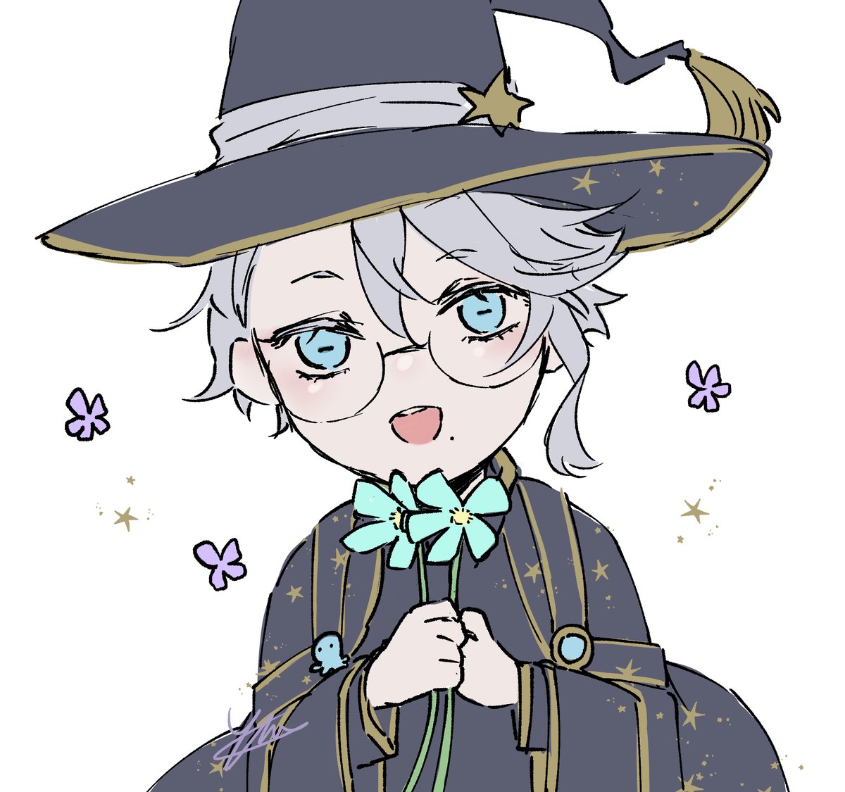 hat blue eyes witch hat glasses holding white background flower  illustration images