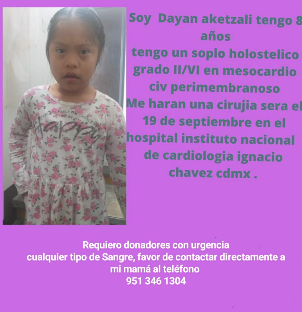 #DonadorVoluntario  #CDMX apoyanos compartiendo es súper urgente la pequeña Dayan de 8  años, tiene que ser operada de manera urgente del corazón. Ayúdanos por favor. #buscamosheroes #DonaPlaquetas #donasangre concausa.mx