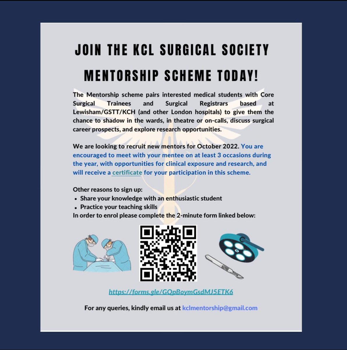 KCL Surgical Society (@kclsurgicalsoc) on Twitter photo We are looking for London-based doctors passionate about educating and providing medical students with exposure to surgery and opportunities to engage in research. please complete the form linked forms.gle/GQpBoymGsdMJ5Eā¦
For more info, email us at kclmentorship@gmail.com We are looking for London-based doctors passionate about educating and providing medical students with exposure to surgery and opportunities to engage in research. please complete the form linked forms.gle/GQpBoymGsdMJ5Eā¦
For more info, email us at kclmentorship@gmail.com