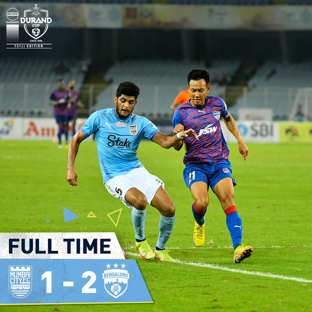 MumbaiCityFC's tweet photo. FT: MCFC 1⃣-2⃣ BFC

An effort to be proud of from #TheIslanders until the end but we fall just short in our maiden #DurandCup campaign.

#MCFCBFC #DurandCup2022 #MumbaiCity #AamchiCity🔵 https://t.co/jjQmOz80ig