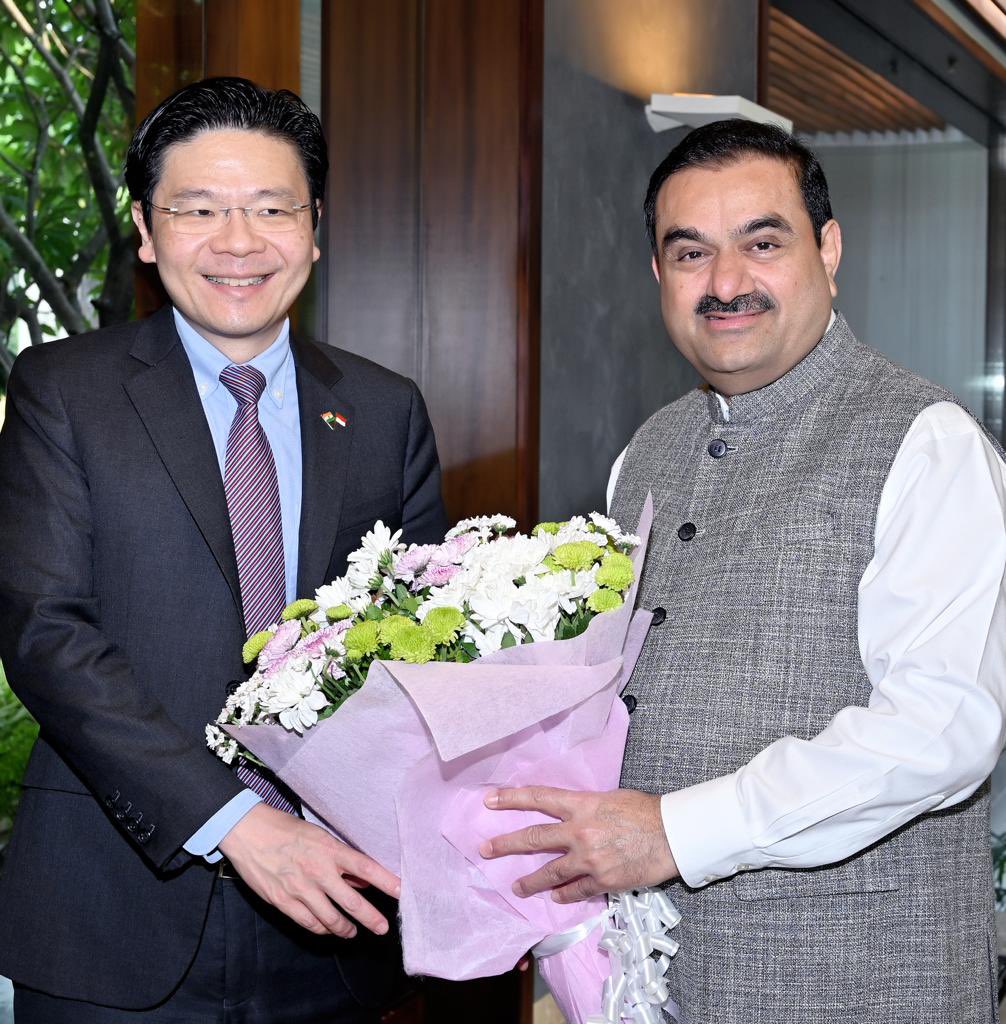 gautam_adani's tweet photo. Delighted to host Singapore's DyPM Hon @LawrenceWongST, Ms Wong, @SGinIndia HC Simon Wong with @AdaniPriti. Great exchange of views on Energy Security, Green Hydrogen, Food Security, Expanded Digital Strategy, and Skills Training. Two aligned nations. Massive possibilities! https://t.co/1a4dQz3j15