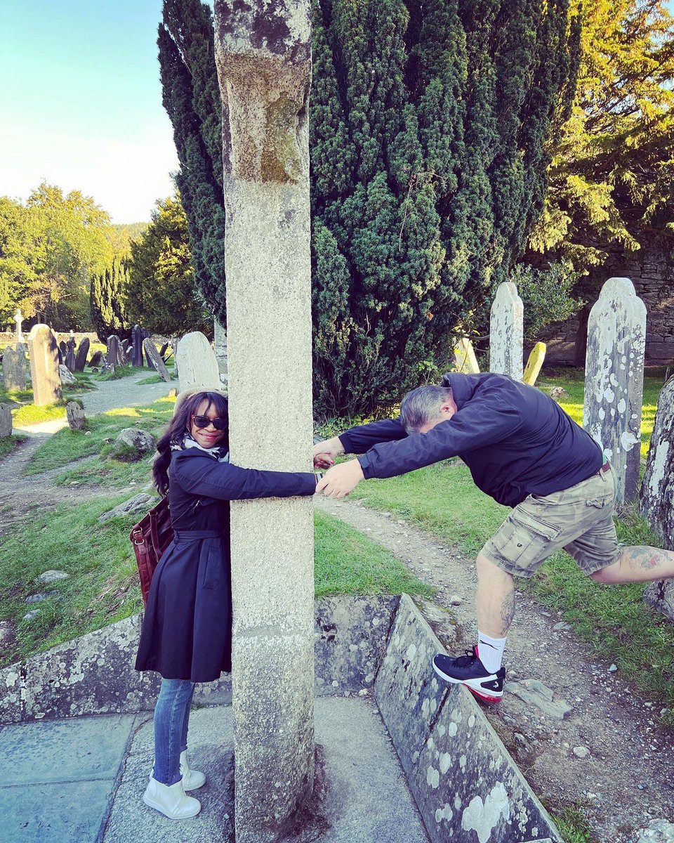 Local legend says anyone who can wrap their arms around the entire width of St. Kevin’s Cross and close the circle by touching their fingertips will have their wishes granted. I needed help.☘️🇮🇪 #glendalough #dublin #luckotheirish #saintkevin