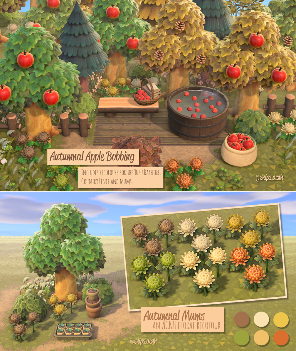 snips_acnh's tweet photo. 🍂 Autumnal Apple Bobbing set 🍂
A recoloured set that includes the Bathtub with Yuzu, Country Fence, and an autumnal recolouring of the mums and the vase they sit in when picked.

#ACNHMod #ACNH #AnimalCrossing #acnhmods 
Link and mod credits in replies 🍎 https://t.co/BkGPZLC64r